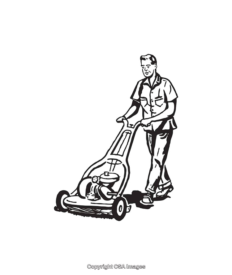 Black and White Illustration of a Person Mowing the Lawn with Push Mower