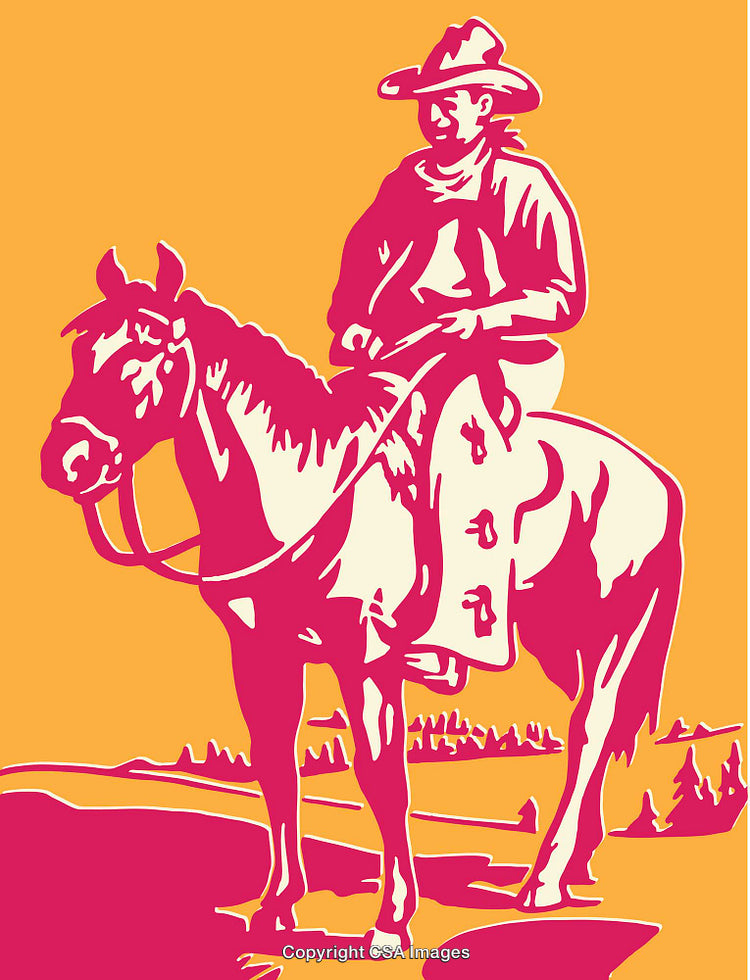 Vibrant Line Art of a Cowboy Riding a Horse in Western Landscape