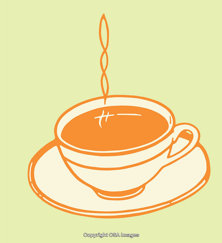Minimalist Line Art Illustration of a Steaming Cup of Tea on Plate