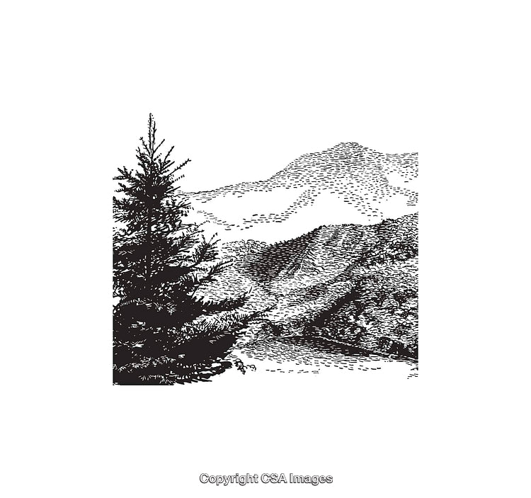 Black and White Line Art Landscape Featuring Mountains and Tree