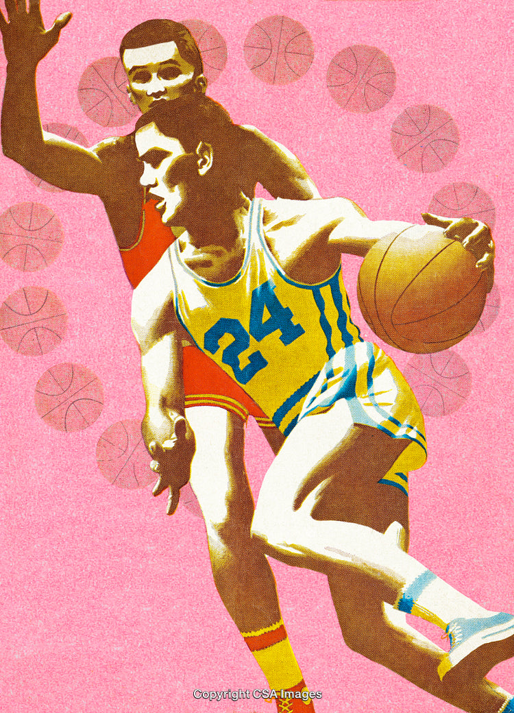 Retro Illustration of Basketball Match Players in Action on Pink Background