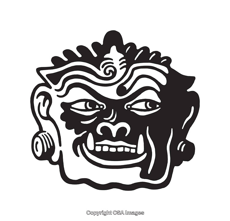 Intricate Black and White Demon Mask Line Art Illustration