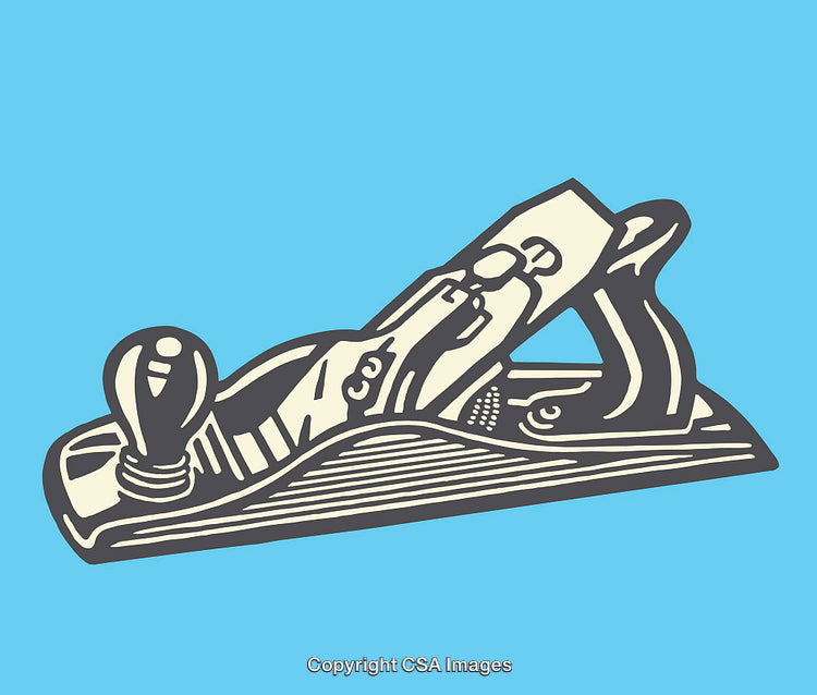 Vintage Hand Plane Illustration on Blue Background with Line Art Style