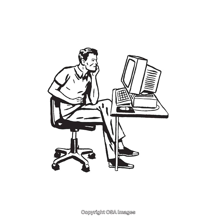 Black and White Line Art of a Person at a Computer Desk