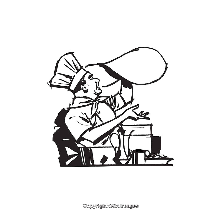 Black and White Illustration of a Chef Tossing Pizza Dough