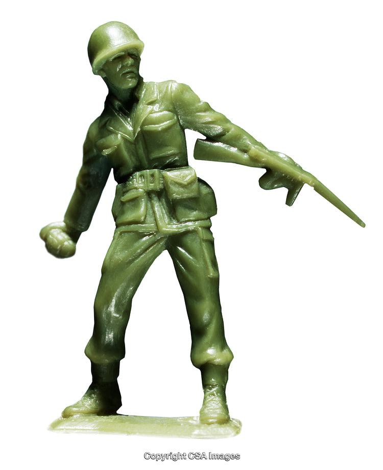 Green Plastic Toy Soldier Holding Weapon and Posed in Action Stance