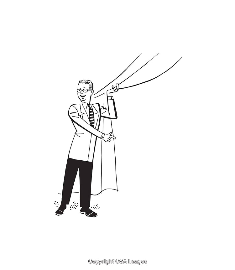 Illustration of a Man Gesturing with a Curtain in Black and White