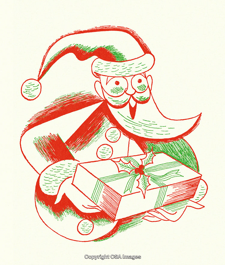 Retro Styled Christmas Santa Illustration Holding a Decorative Wrapped Gift Box
