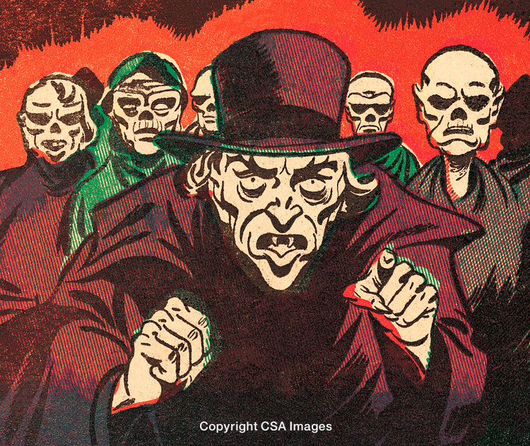 Vintage Comic Style Illustration of Villainous Characters with Dramatic Expressions