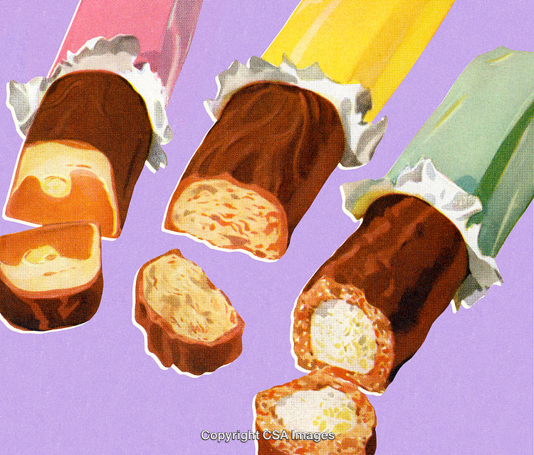 Colorful Wrapped Chocolate Bars Sliced Open on Light Purple Background