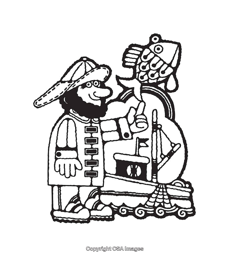 Cartoon Sailor With a Catch and Ship in Black and White Illustration