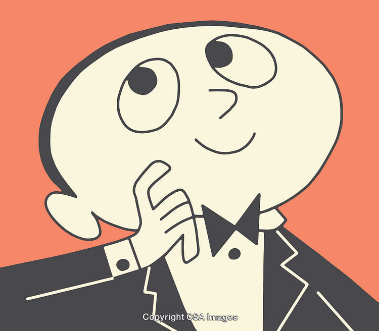 Hand Drawn Cartoon Figure in Thoughtful Pose Against Colorful Background