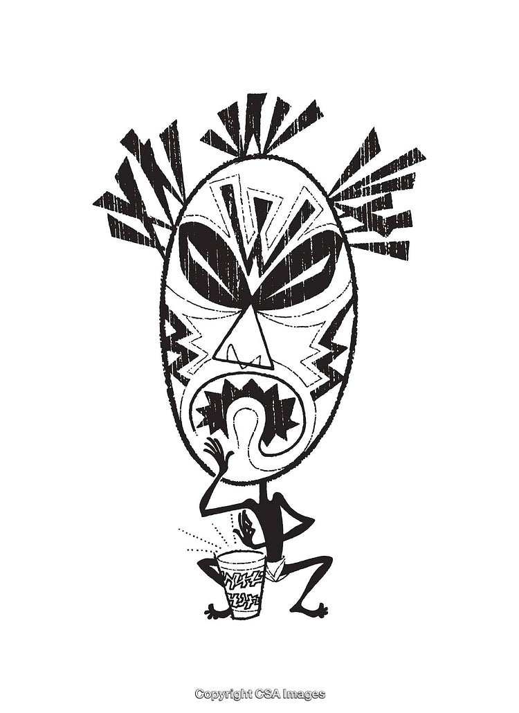 Black and White Tribal-Style Mask Illustration Featuring Drumming Figure