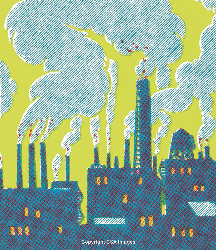 Industrial Smoke Emissions From Urban Factories on a Bright Yellow Background
