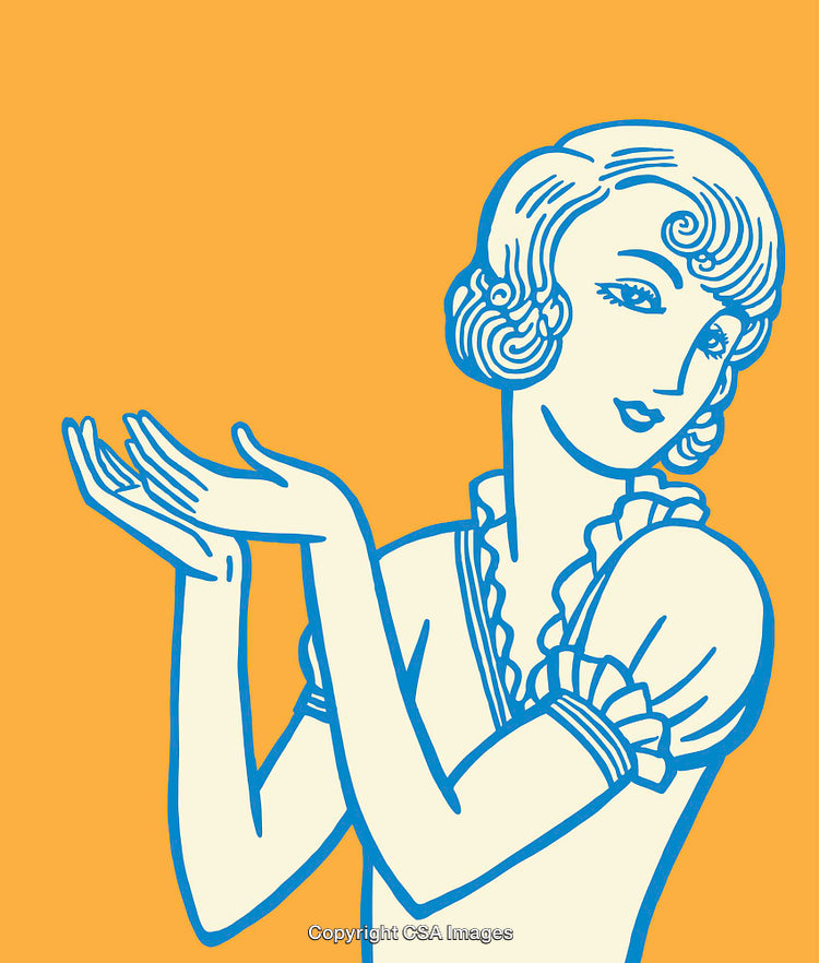 Elegant Vintage Line Art Illustration of a Graceful Woman on Orange Background
