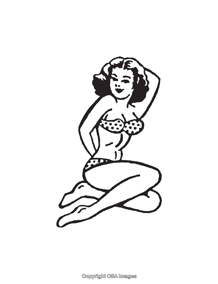 Retro-Style Pin-Up Girl Illustration in Black and White Line Art