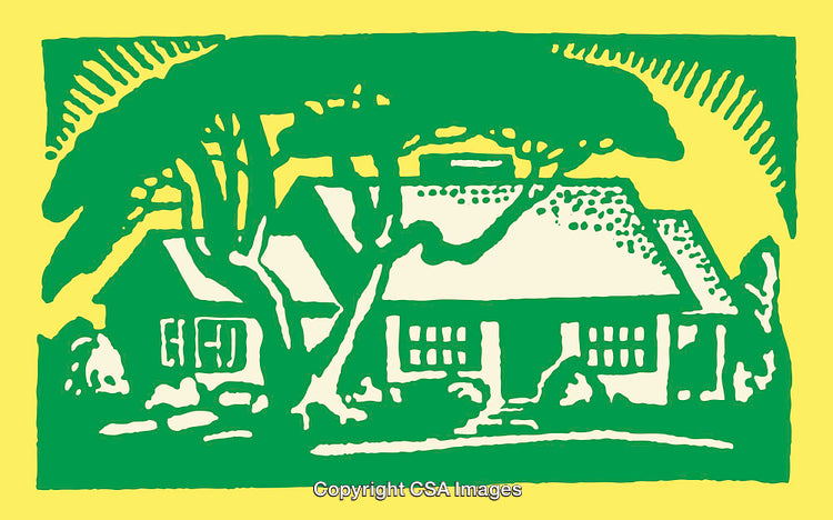 Vibrant Green and Yellow Cottage Among Trees, Retro Line Art Illustration