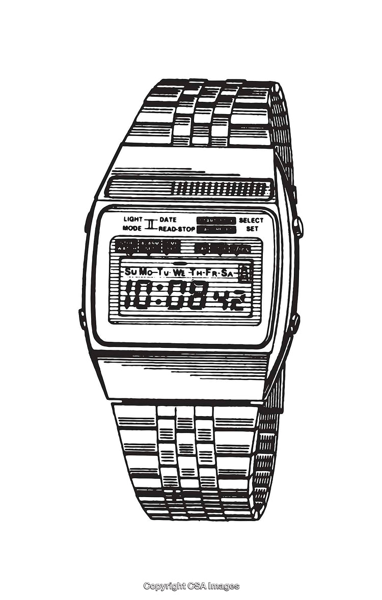 Vintage Digital Watch Line Art Illustration with Detailed Features