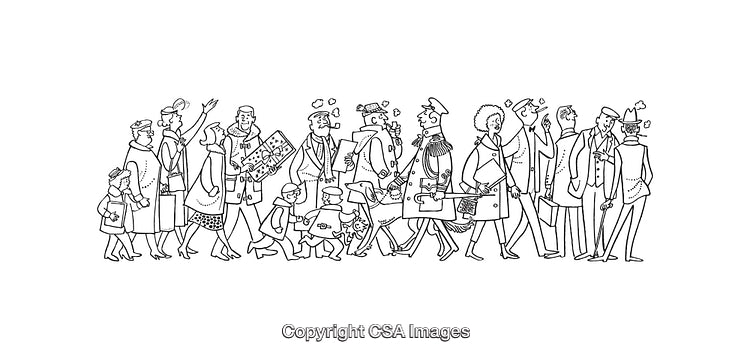 Black And White Line Art Illustration of a Busy Crowd of People