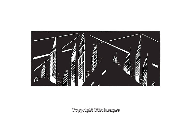 Black and White Line Art Depicting Geometric Urban Skyscrapers
