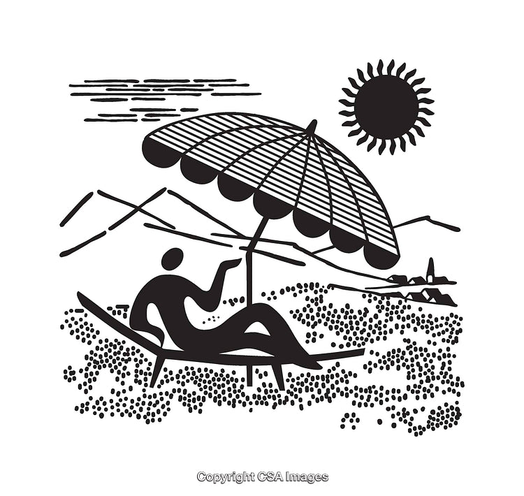 Minimalist Black and White Illustration of a Relaxing Beach Scene