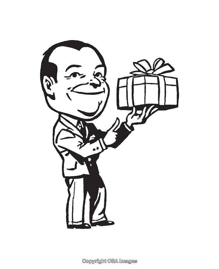 Cartoon Man in Suit Holding a Gift Box With Bow