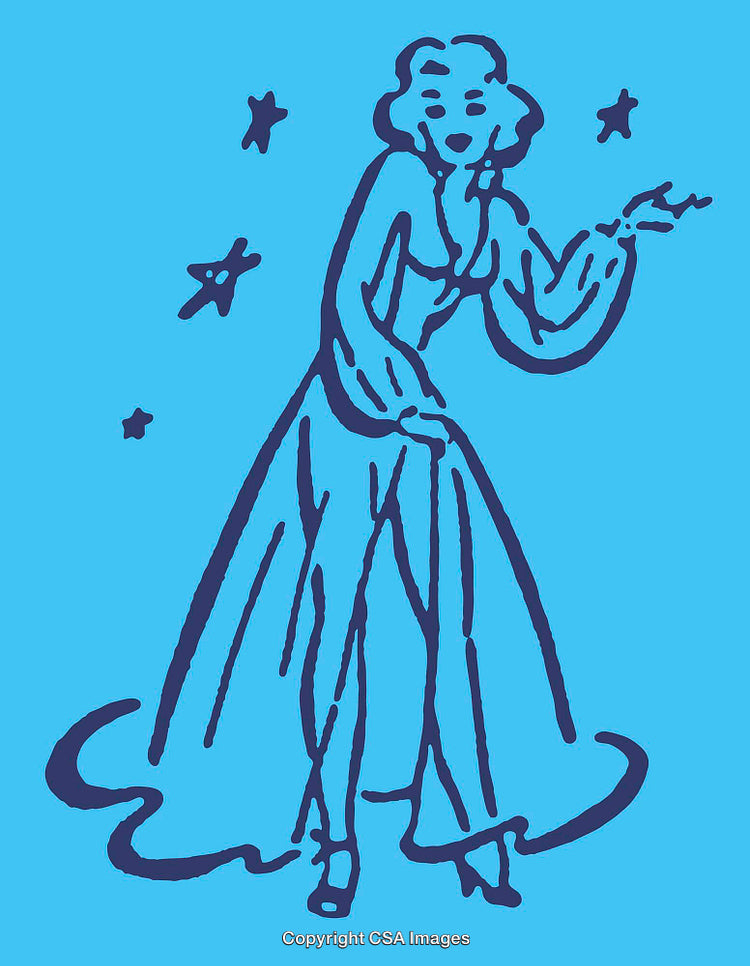 Elegant Line Art Illustration of a Woman with a Flowing Gown and Stars