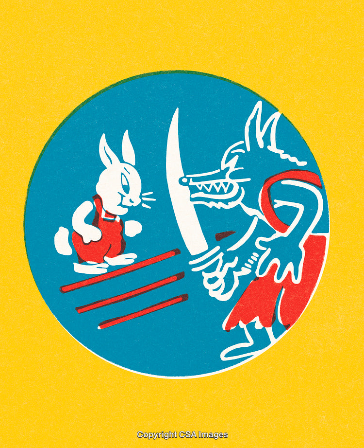 Stylized Illustration of Rabbit and Wolf in Vibrant Colors