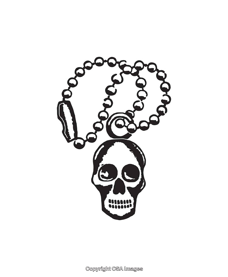 Intricate Skull Design with Bead Necklace in Black and White Line Art