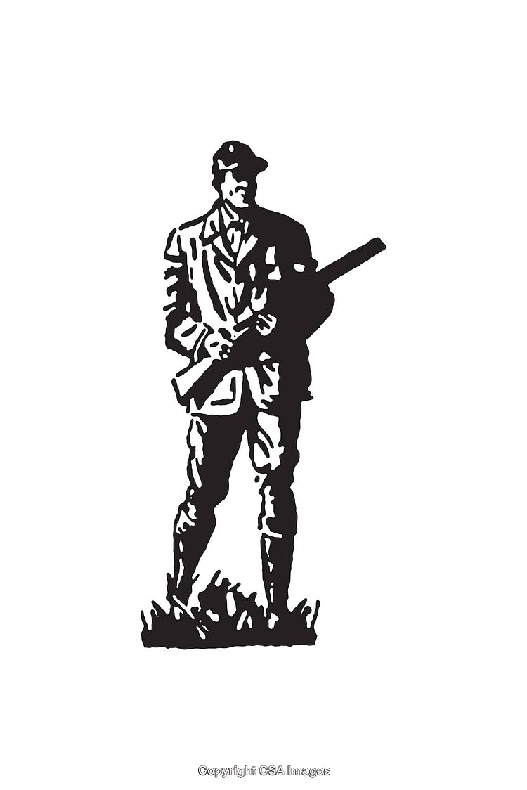 Black and White Illustration of a Hunter with a Rifle in Natural Setting