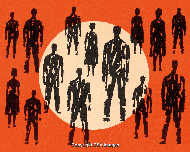 Abstract Silhouettes of People Standing Against a Bold Orange and White Background