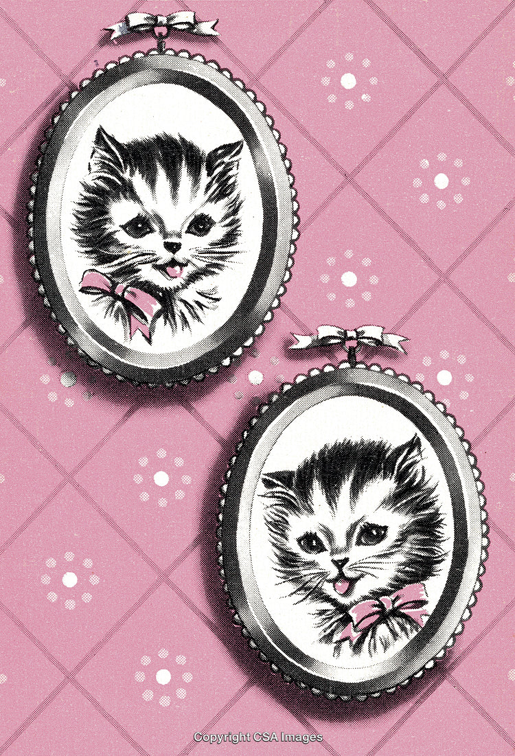 Vintage Kitten Illustrations in Ornate Frames on a Pink Patterned Background