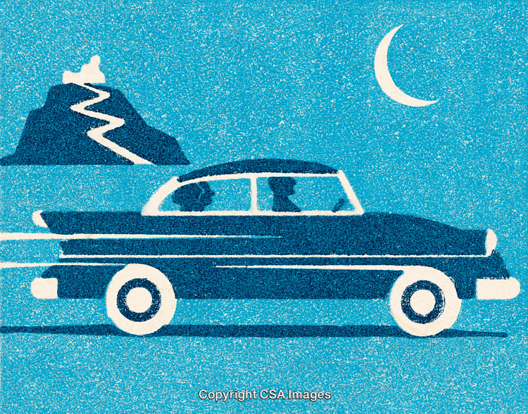 Retro Car Night Drive with Moonlit Mountain Scenery