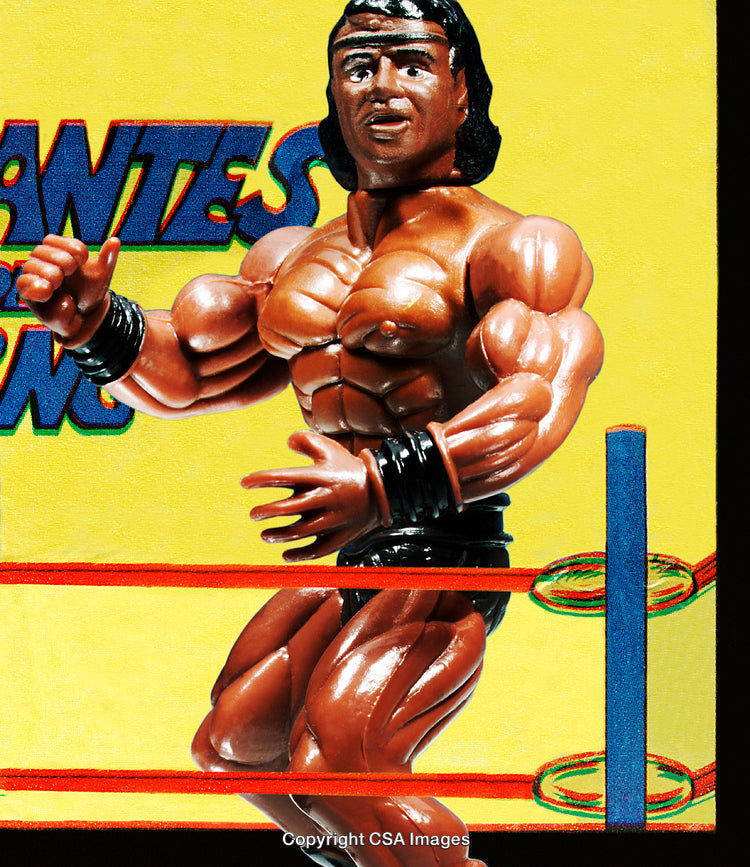 Action Figure in a Wrestling Ring with Vibrant Yellow Background