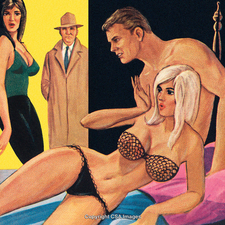 Retro Illustration Depicting a Dramatic Scene with Vintage Characters
