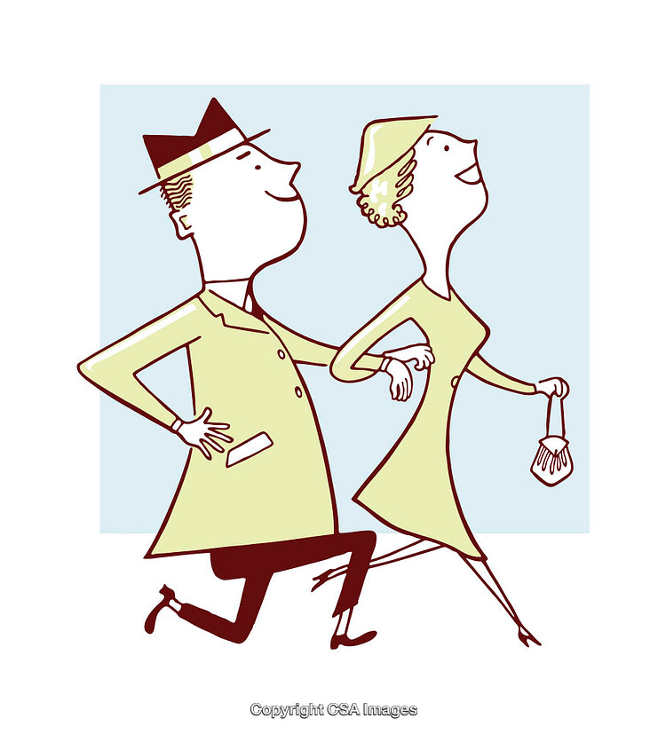 Retro Illustration of a Cheerful Couple Walking Arm in Arm