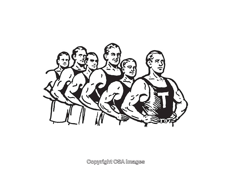 Vintage Line Art of Athletic Men in Team Formation Displaying Strength