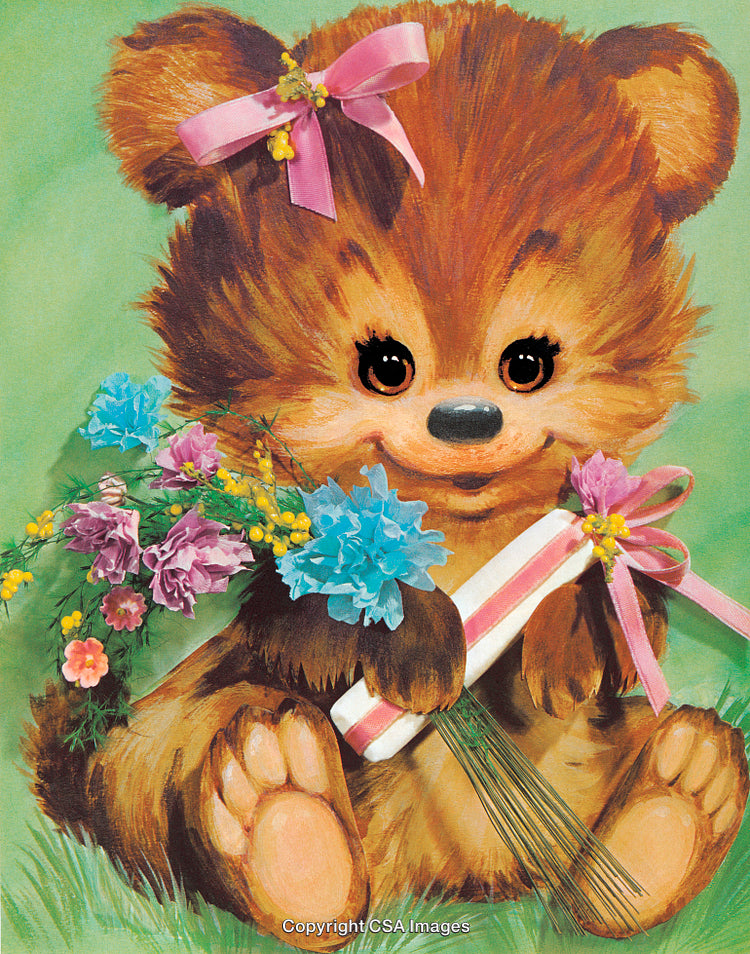 Cute Bear Illustration Holding Flowers and a Ribbon in Vibrant Colors