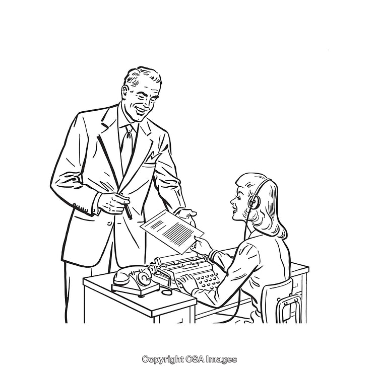 Vintage Black And White Illustration of Professional Office Interaction