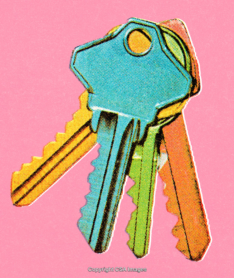 Colorful Cluster of Keys on Pink Background in Pop Art Style