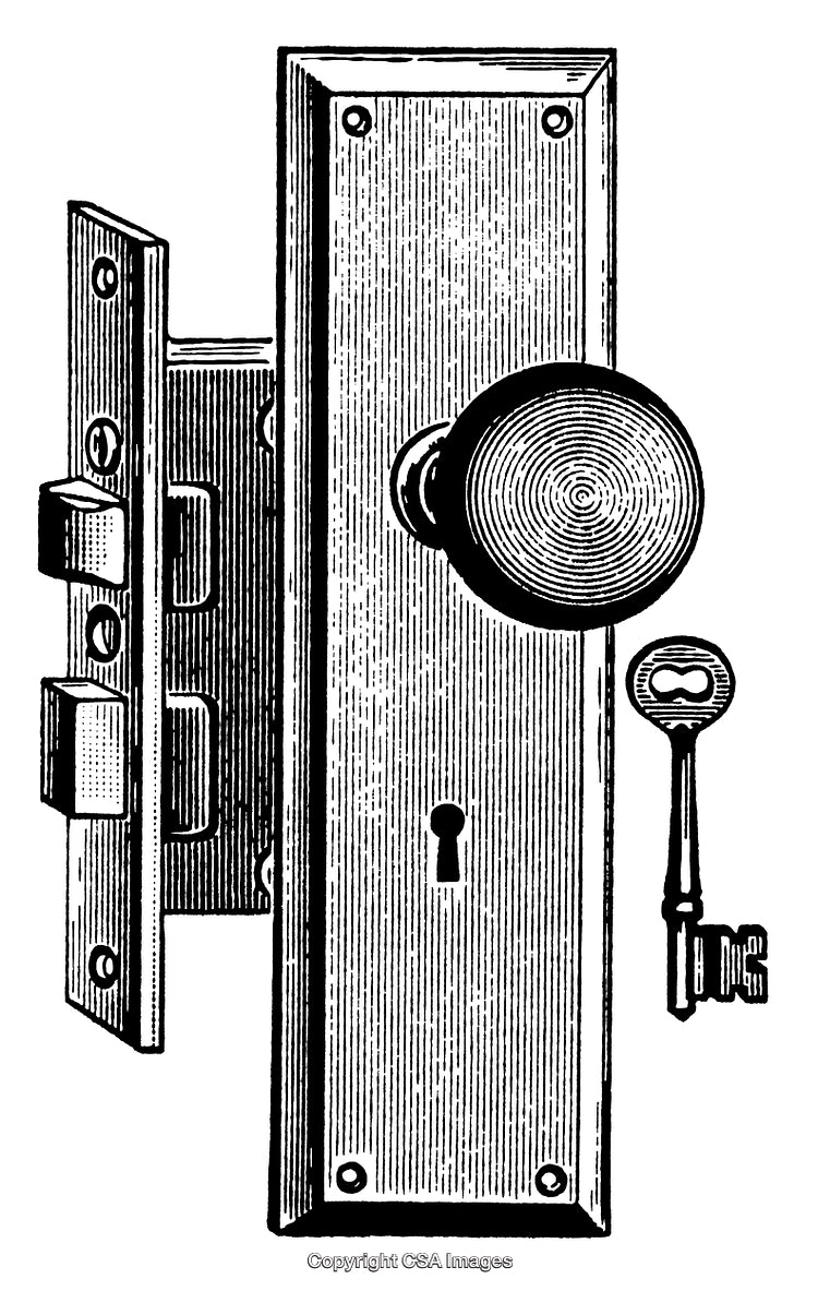 Detailed Engraving Illustration of a Doorknob with Key and Lock Mechanism