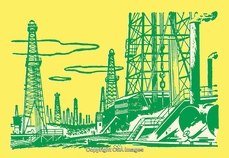 Colorful Line Art Illustration of Oil Refinery Structures and Factories