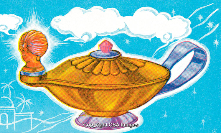 Golden Genie Lamp with Mystical Clouds and Blue Background Illustration