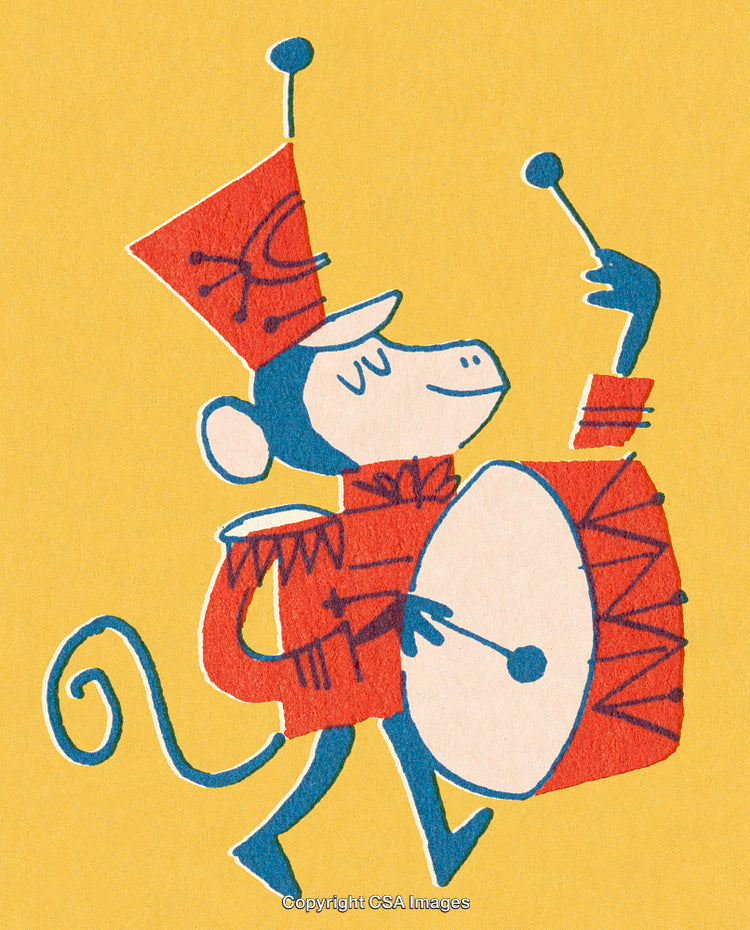 Cheerful Illustration of a Monkey Drumming in a Marching Band