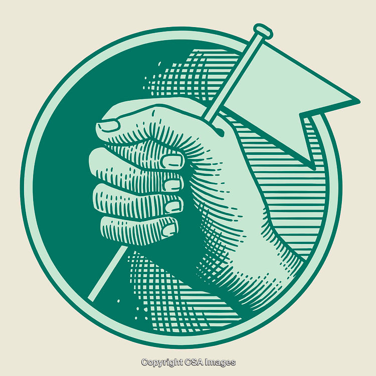 Hand Holding Flag Symbol in Vintage Etching Style