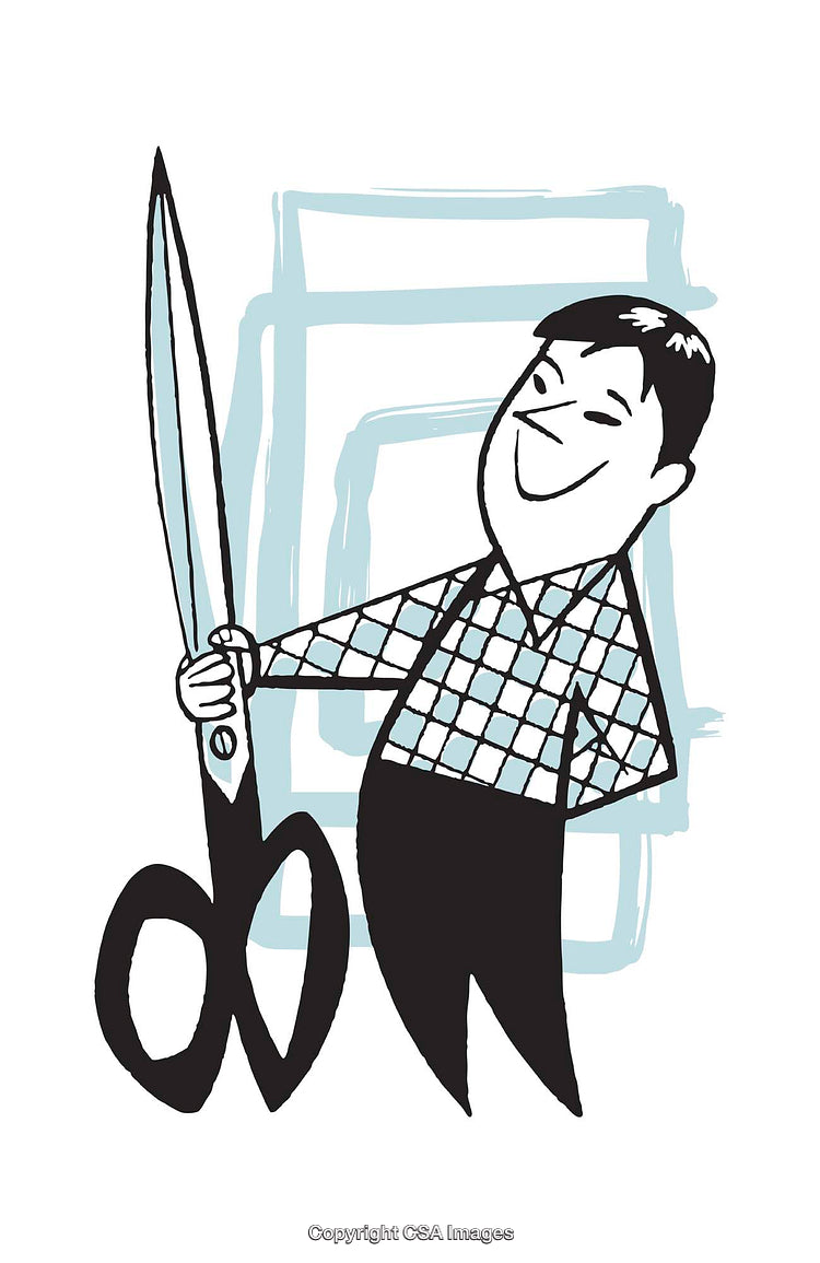 Retro-Style Illustration of Smiling Man Holding Oversized Scissors
