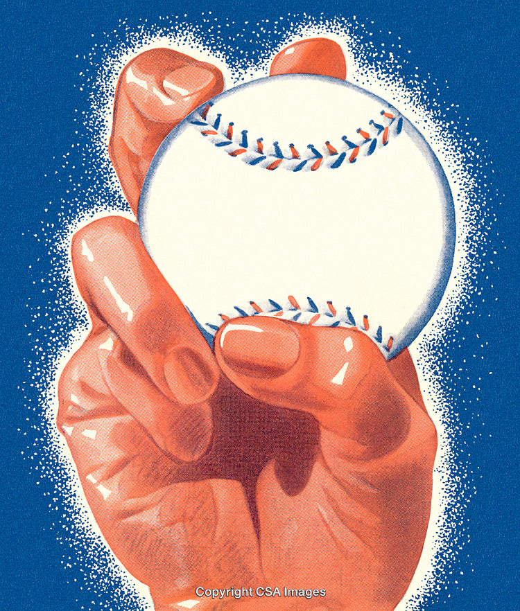 Close-Up of a Hand Holding a Baseball on a Blue Background