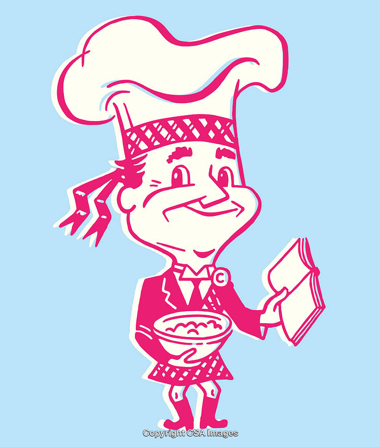 Colorful Cartoon Chef Illustration Holding a Cookbook and Bowl of Food