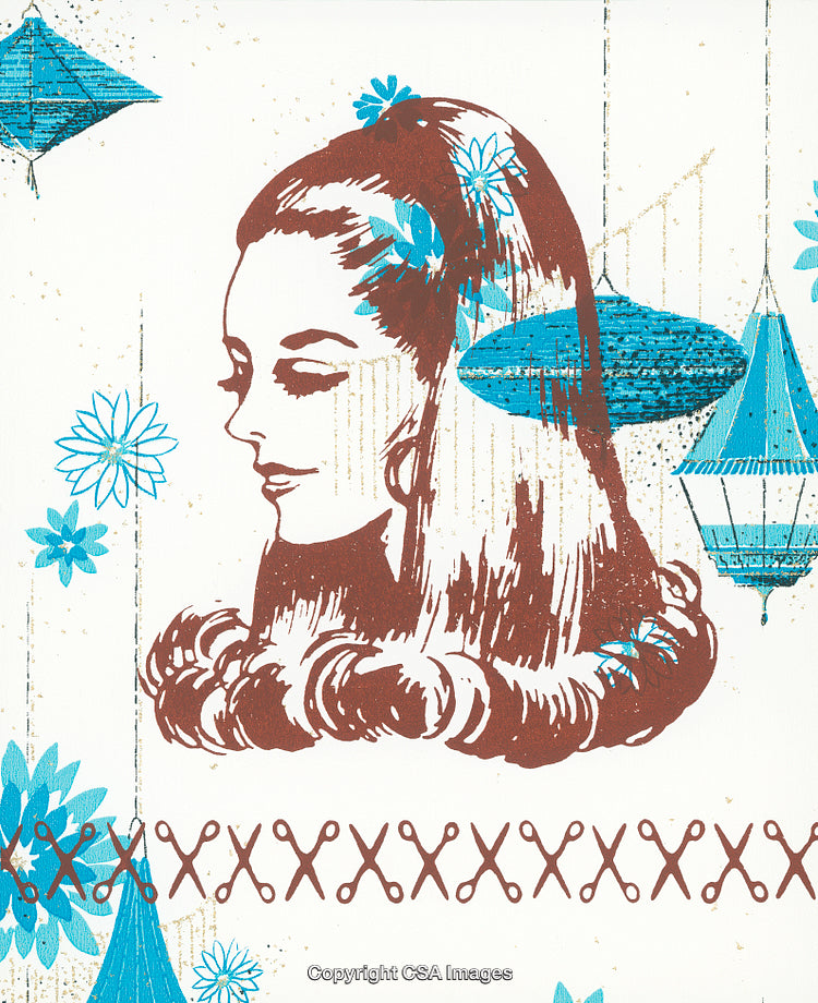 Vintage Illustration of Woman with Retro Floral and Scissor Motifs
