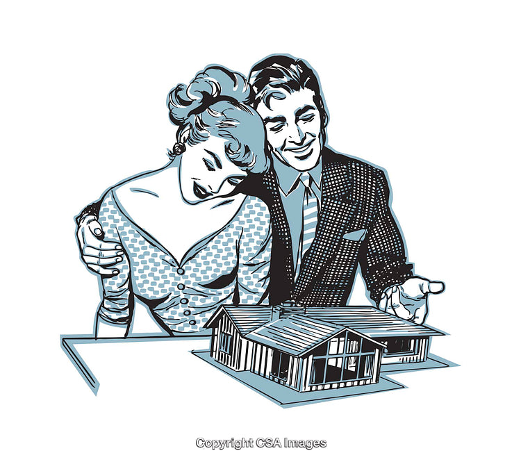 Retro Illustration of a Couple Admiring a Scale Model of Their Dream Home